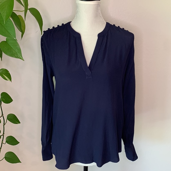 Joie Abe Button Embellished Crepe Long Sleeve Blouse in Midnight. - Picture 5 of 10